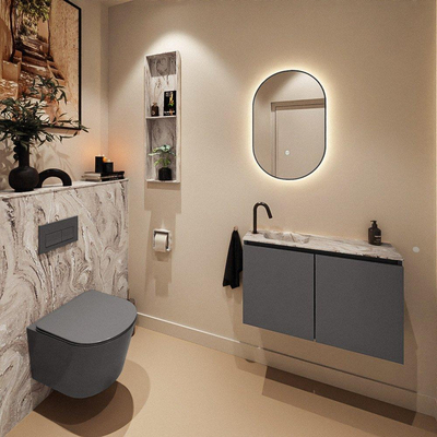 MONDIAZ TURE-DLUX Meuble toilette - 80cm - Dark Grey - EDEN - vasque Glace - position gauche - 1 trou de robinet