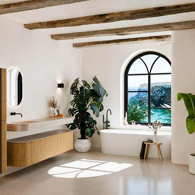 MONDIAZ THOR-DLUX 190cm badmeubel ronding links + rechts kleur Oak met 2 lades en 2 deuren. Vrijhangende wastafel CLOUD Links zonder kraangat kleur Saba.