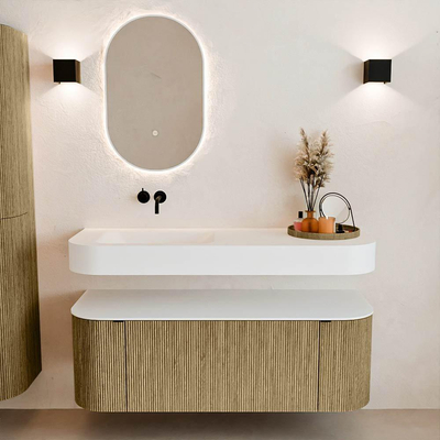 MONDIAZ THOR Meuble de salle de bains 130cm arrondi gauche + droite couleur Dusk avec 1 tiroir et 2 portes. Vasque suspendue CLOUD Gauche sans trou de robinet couleur Talc.