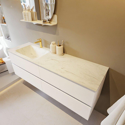 MONDIAZ VICA-DLUX Ensemble meuble de salle de bains - 150cm - meuble bas Talc - 4 tiroirs - lavabo encastré Cloud gauche - 1 trou de robinet - version haute 60cm - Opalo