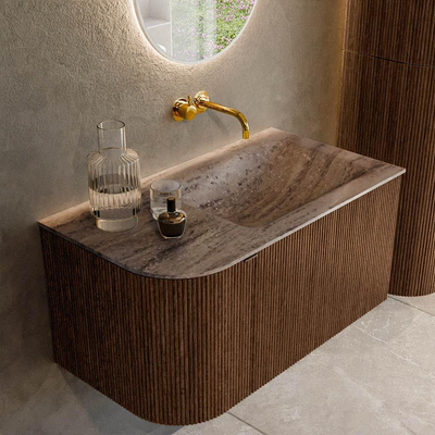 MONDIAZ KURVE-DLUX 85cm badmeubel ronding Links kleur Walnut met 1 lade en 1 deur. Wastafel CLOUD Rechts zonder kraangat Oza.