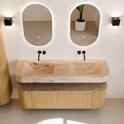 MONDIAZ THOR-DLUX 150cm badmeubel ronding links + rechts kleur Oak met 1 lade en 2 deuren. Vrijhangende wastafel CLOUD Dubbel zonder kraangat kleur Arena.