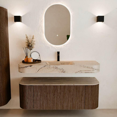 MONDIAZ THOR-DLUX 130cm meuble de salle de bains arrondi gauche + droite couleur Walnut avec 1 tiroir et 2 portes. Vasque suspendue CLOUD Milieu 1 trou de robinet couleur Arena.