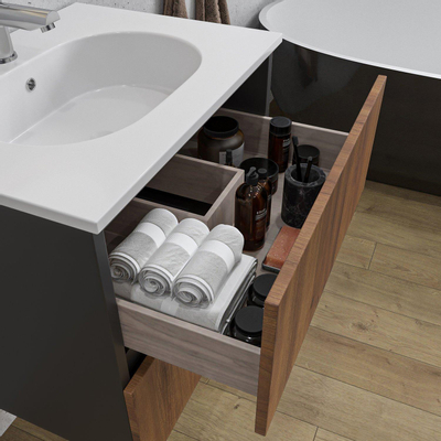 Adema Industrial 2.0 ensemble de meubles de salle de bain 60x45x55cm 1 lavabo ovale en céramique blanc 1 trou de robinetterie miroir rectangulaire bois/noir