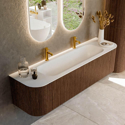 MONDIAZ KURVE 170cm badmeubel met module 25 Len R kleur Walnut met 1 lade en 2 deuren. Wastafel BIG LARGE midden 2 kraangaten Talc.