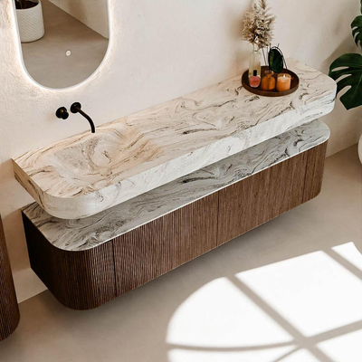 MONDIAZ THOR-DLUX Meuble de salle de bains 180cm arrondi gauche + droite couleur Walnut avec 2 tiroirs et 2 portes. Vasque suspendue CLOUD Gauche sans trou de robinet couleur Glace.