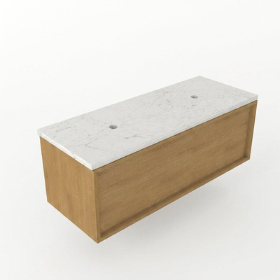 Saniclass Holz Frame Ensemble meuble de salle de bains - 120x45x43cm - Plan vasque en marbre Dia poli (blanc) - sans trou de robinet - 1 tiroir - chêne natural mat (bois)