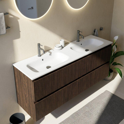 Saniclass Holz Atelier Ensemble meuble de salle de bains - 160x45x61.5cm - lavabo Flow en solid surface blanc - 2 vasques - 2 trous de robinet - 4 tiroirs - chêne charcoal mat (bois)