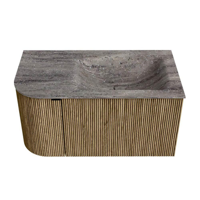 MONDIAZ KURVE-DLUX Meuble de salle de bains 85cm arrondi à gauche couleur Dusk avec 1 tiroir et 1 porte. Lavabo CLOUD à droite sans trou de robinet Oza.