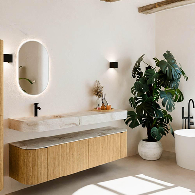 MONDIAZ THOR-DLUX 180cm meuble de salle de bains arrondi gauche + droite couleur Oak avec 2 tiroirs et 2 portes. Vasque suspendue CLOUD Gauche 1 trou de robinet couleur Frappe.