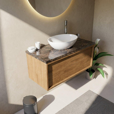 Saniclass Holz Frame Ensemble de meubles de salle de bains - 100x45x43cm - Plan en pierre naturelle Noche dark emperador - 1 trou de robinetterie - 1 tiroir - chêne naturel mat (bois)