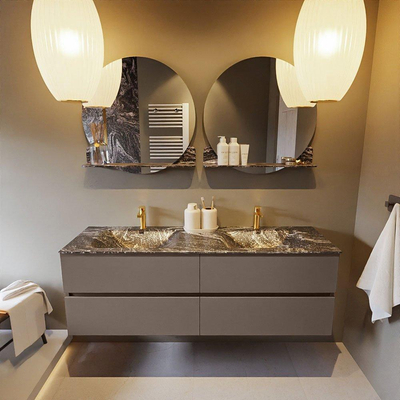 Mondiaz VICA-DLUX ensemble de meuble de salle de bain - 150cm - meuble sous-vasque fumée - 4 tiroirs - lavabo encastré nuage double - 2 trous de robinet - version haute 60cm - lave