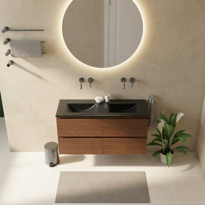 Saniclass Holz Pure Ensemble de meubles de salle de bains - 120x45x62cm - Lavabo en céramique Vygo noir - 2 vasques - sans trous de robinetterie - 4 tiroirs - noyer pure mat (bois)
