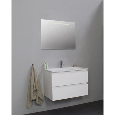 Basic Line Bella Badkamermeubelset - 80x55x46cm - 1 wasbak - Acryl - Wit - 1 kraangat - Wandspiegel met verlichting - Melamine Wit hoogglans