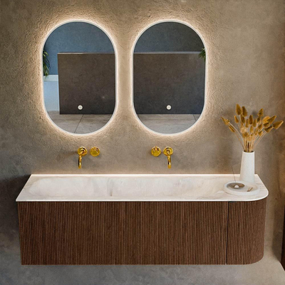 MONDIAZ KURVE-DLUX 145cm Meuble salle de bain avec module 25 D - couleur Walnut - 1 tiroir - 1 porte - vasque BIG LARGE gauche - sans trou de robinet - couleur Frappe