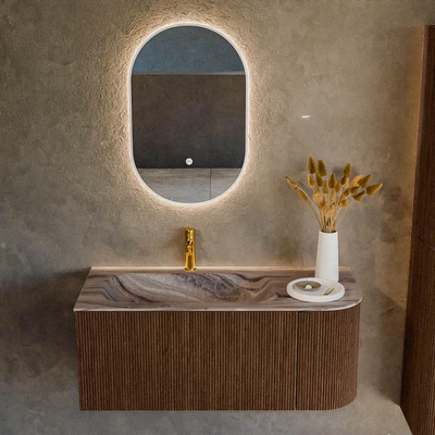 MONDIAZ KURVE-DLUX Meuble de salle de bains 105cm arrondi Droite couleur Walnut avec 1 tiroir et 1 porte. Lavabo BIG SMALL Gauche 1 trou de robinet Sombra.