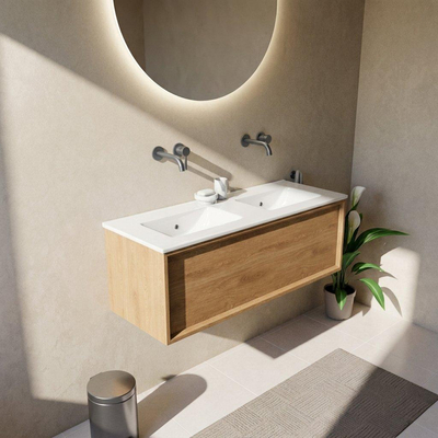 Saniclass Holz Frame Ensemble de meubles de salle de bains - 120x45x42cm - Vygo vasque en céramique blanche - 2 vasques - sans trous de robinet - 1 tiroir - chêne natural mat (bois)