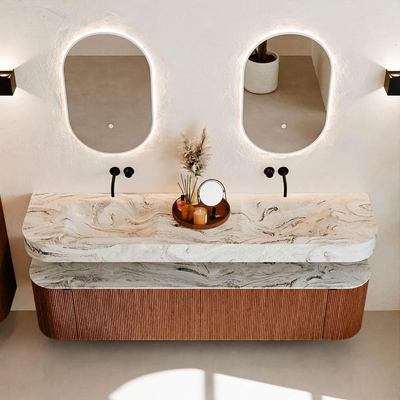 MONDIAZ THOR-DLUX Meuble de salle de bains 190cm arrondi gauche + droite couleur Ruby avec 2 tiroirs et 2 portes. Vasque suspendue CLOUD Double sans trou de robinet couleur Glace.