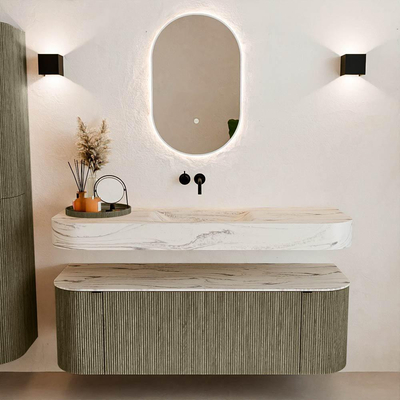 MONDIAZ THOR-DLUX 140cm meuble de salle de bains arrondi gauche + droite couleur Shadow avec 1 tiroir et 2 portes. Vasque suspendue CLOUD Milieu sans trou de robinet couleur Nata.