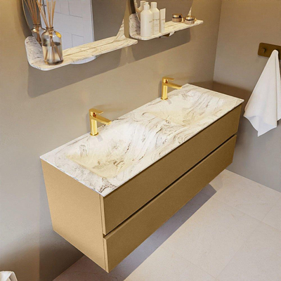 MONDIAZ VICA-DLUX Ensemble meuble de salle de bains - 130cm - meuble bas oro - 2 tiroirs - vasque encastrée cloud double - 2 trous de robinet - version haute 60cm - glace