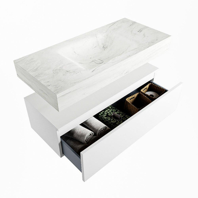 Mondiaz ALAN-DLUX Ensemble de meuble - 100cm - meuble Talc mat - 1 tiroir - Lavabo Cloud Opalo suspendu - vasque Centre - 0 trous de robinet