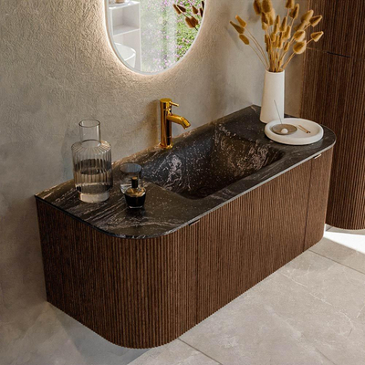 MONDIAZ KURVE-DLUX 110cm badmeubel met module 25 Len R kleur Walnut met 1 lade en 2 deuren. Wastafel CLOUD midden 1 kraangat kleur Lava.