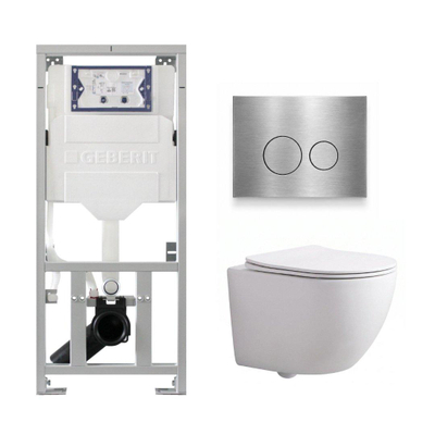 Pack WC QeramiQ Dely Swirl Compact - réservoir encastrable Geberit UP320 - avec bâti-support Burda - abattant slim - plaque de commande en métal inox - boutons ronds - blanc brillant