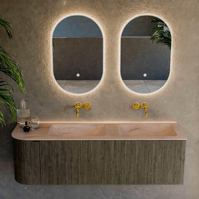 MONDIAZ KURVE-DLUX 145cm badmeubel ronding Links kleur Shadow met 1 lade en 1 deur. Wastafel LEAF Dubbel / Rechts zonder kraangat Saba.