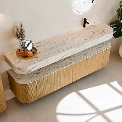 MONDIAZ THOR-DLUX 190cm badmeubel ronding links + rechts kleur Oak met 2 lades en 2 deuren. Vrijhangende wastafel CLOUD Rechts 1 kraangat kleur Nata.
