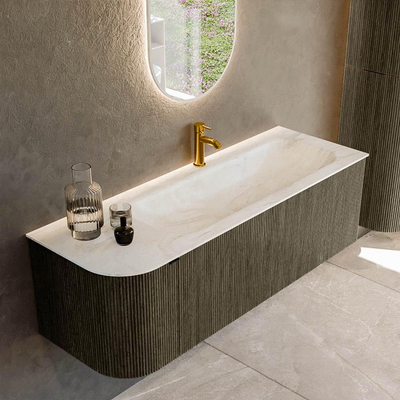 Mondiaz KURVE-DLUX Ensemble de meuble salle de bain - 135x46x40cm - 1 tiroir - 1 porte - lavabo en solid surface - droite - 1 trou de robinet - Shadow