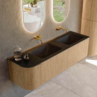 MONDIAZ KURVE 155cm meuble de salle de bains avec module 25 L couleur Oak avec 2 tiroirs et 1 porte. Lavabo CLOUD double / à droite sans trou de robinet Urban.