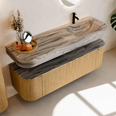 MONDIAZ THOR-DLUX 150cm meuble de salle de bains arrondi gauche + droite couleur Oak avec 1 tiroir et 2 portes. Vasque suspendue CLOUD droite 1 trou de robinet couleur Sombra.