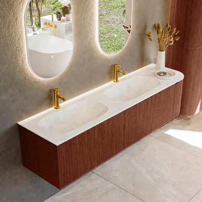 Mondiaz KURVE-DLUX Badkamermeubelset - 175x46x40cm - 2 lade - 1 deur - wastafel solid surface - dubbel / links - 2 kraangaten - Ruby