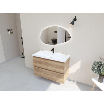 HR Infinity XXL ensemble de meubles de salle de bain 3d 100 cm 1 lavabo en céramique djazz blanc 1 trou de robinet 2 tiroirs chêne français