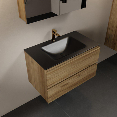 Mondiaz AIVY Ensemble de meuble - 80x45x50cm - 1 trou de robinet - 1 vasque Urban Solid surface - Centre - 2 tiroirs - avec armoire de toilette - Melamine Chai