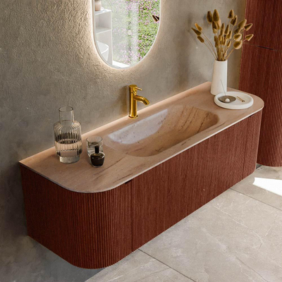MONDIAZ KURVE-DLUX 140cm badmeubel ronding Links + Rechts kleur Ruby met 1 lade en 2 deuren. Wastafel BIG SMALL Midden 1 kraangat Saba.