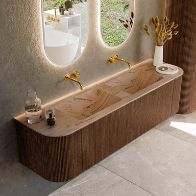 MONDIAZ KURVE-DLUX 170cm meuble de salle de bains arrondi Gauche + Droite couleur Walnut avec 1 tiroir et 2 portes. Lavabo LEAF Double sans trou de robinet Arena.