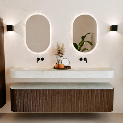 MONDIAZ THOR-DLUX 180cm meuble de salle de bains arrondi gauche + droite couleur Walnut avec 2 tiroirs et 2 portes. Vasque suspendue CLOUD Double sans trou de robinet couleur Opalo.