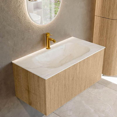MONDIAZ KURVE-DLUX Meuble de salle de bains 90 cm couleur Oak avec 1 tiroir. Lavabo BIG SMALL centré 1 trou de robinet couleur Ostra.