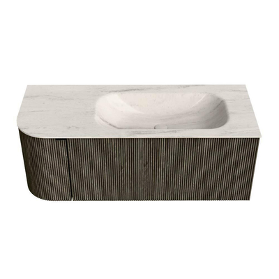 MONDIAZ KURVE-DLUX Meuble de salle de bains 115 cm arrondi à gauche couleur Shadow avec 1 tiroir et 1 porte. Lavabo BIG SMALL à droite sans trou de robinet Meli.