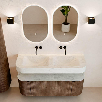 MONDIAZ THOR-DLUX 130cm meuble de salle de bains arrondi gauche + droite couleur Walnut avec 1 tiroir et 2 portes. Vasque suspendue CLOUD Double sans trou de robinet couleur Opalo.