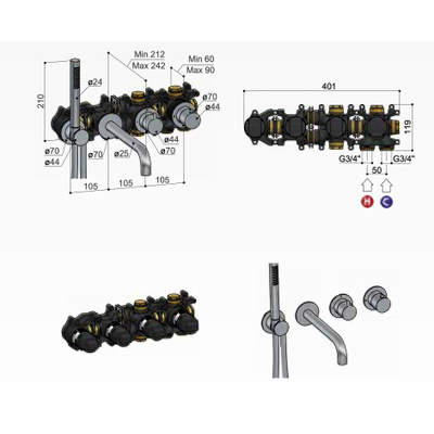 Hotbath élément encastré - pour mitigeur thermostatique encastré avec inverseur d'arrêt 2 voies avec bec et support de douchette