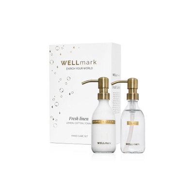 Wellmark Coffret soin des mains - coffret cadeau - crème pour les mains 250 ml - savon pour les mains 250 ml - fresh linnen - verre transparent - texte : bubbles of joy