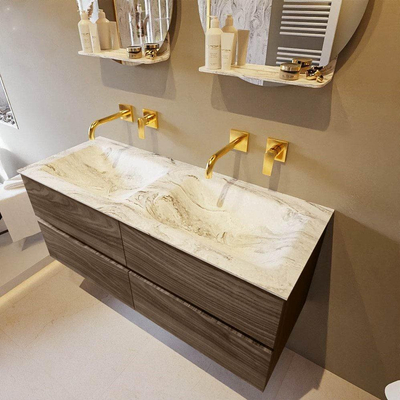 Mondiaz VICA-DLUX Meuble de salle de bains 120cm sous-meuble Mocha 4 tiroirs. Lavabo encastré CLOUD double sans trou de robinet, couleur Glace.