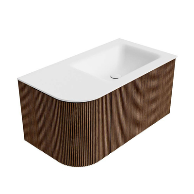 MONDIAZ KURVE 85cm Meuble salle de bain avec module 25 G - couleur Walnut - 1 tiroir - 1 porte - vasque CLOUD droite - sans trous de robinet - Talc