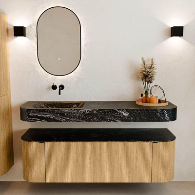 MONDIAZ THOR-DLUX 150cm badmeubel ronding links + rechts kleur Oak met 1 lade en 2 deuren. Vrijhangende wastafel CLOUD Links zonder kraangat kleur Lava.