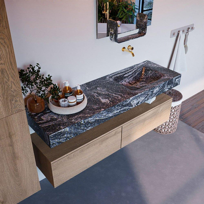 Mondiaz ALAN-DLUX Ensemble de meuble - 150cm - meuble Washed Oak mat - 2 tiroirs - Lavabo Cloud Lava suspendu - vasque Droite - 0 trous de robinet