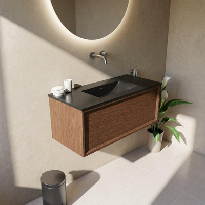 Saniclass Holz Frame Ensemble de meubles de salle de bains - 100x45x42cm - lavabo Vygo en céramique noir - 1 vasque - sans trou de robinetterie - 1 tiroir - noyer pure mat (bois)