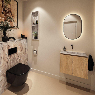 MONDIAZ TURE-DLUX Meuble toilette - 60cm - Washed Oak - EDEN - vasque Glace - position centrale - sans trou de robinet