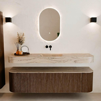 MONDIAZ THOR-DLUX 170cm badmeubel ronding links + rechts kleur Walnut met 1 lade en 2 deuren. Vrijhangende wastafel CLOUD Midden zonder kraangat kleur Arena.